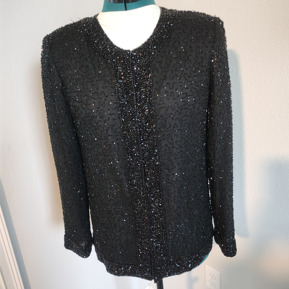 Laurence Kazar VTG Sequin 100% Silk Jacket Size Small Self Lined